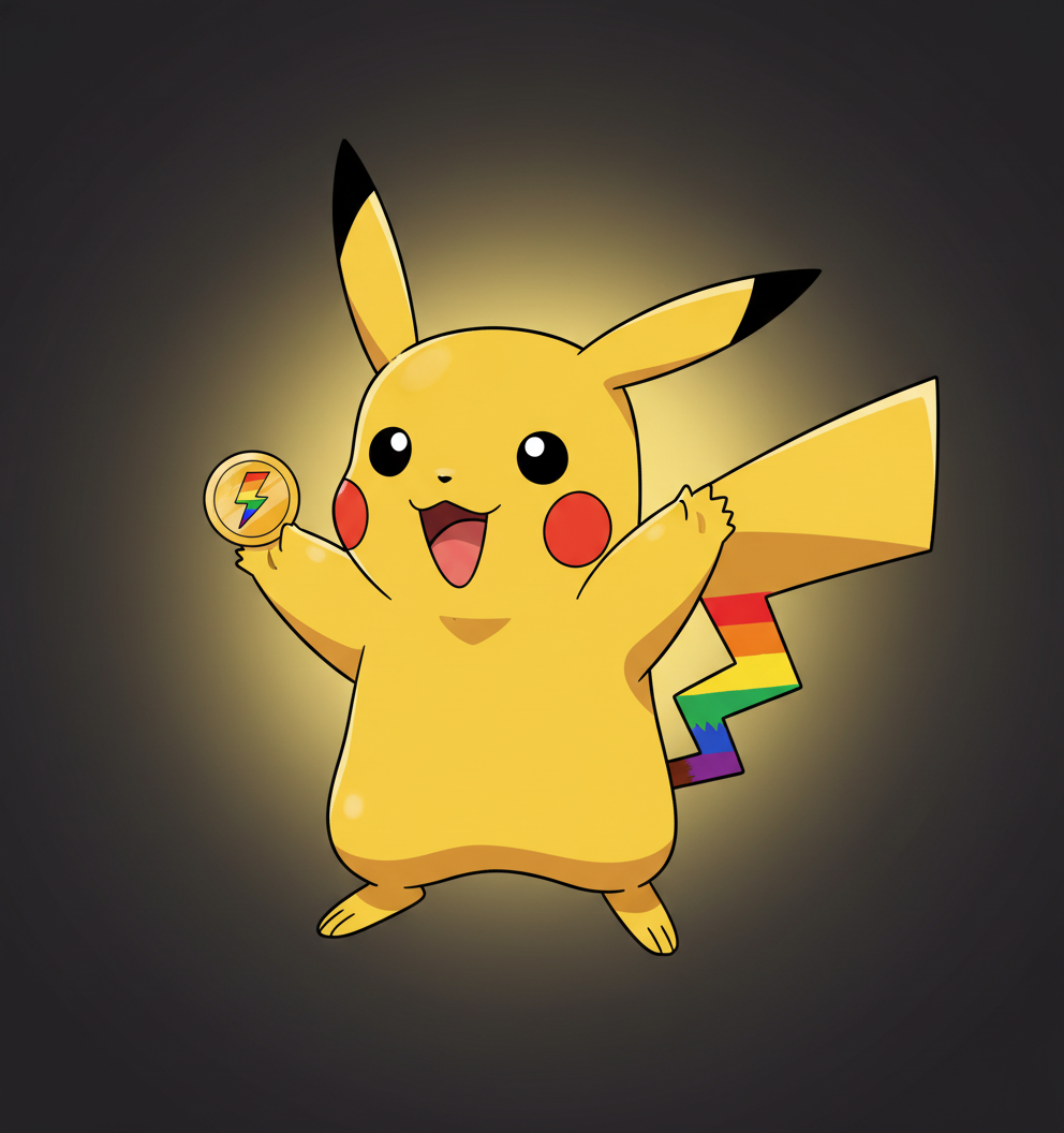 Gaychu, the rainbow-sash electric mascot, winking